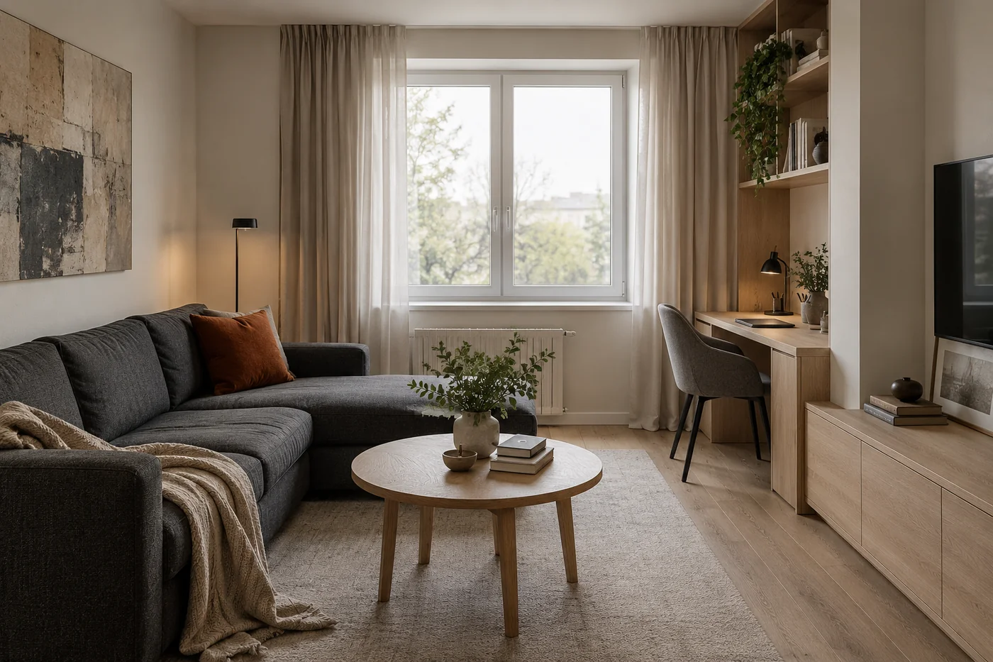 Концепция гостиной с рабочим уголком, дубовой мебелью и графитовым диваном